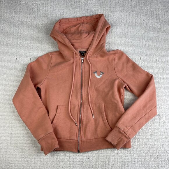 True religion Womens Sz XS Foil Silver Logo Buddha Full Zip Hoodie Pink - Picture 2 of 16
